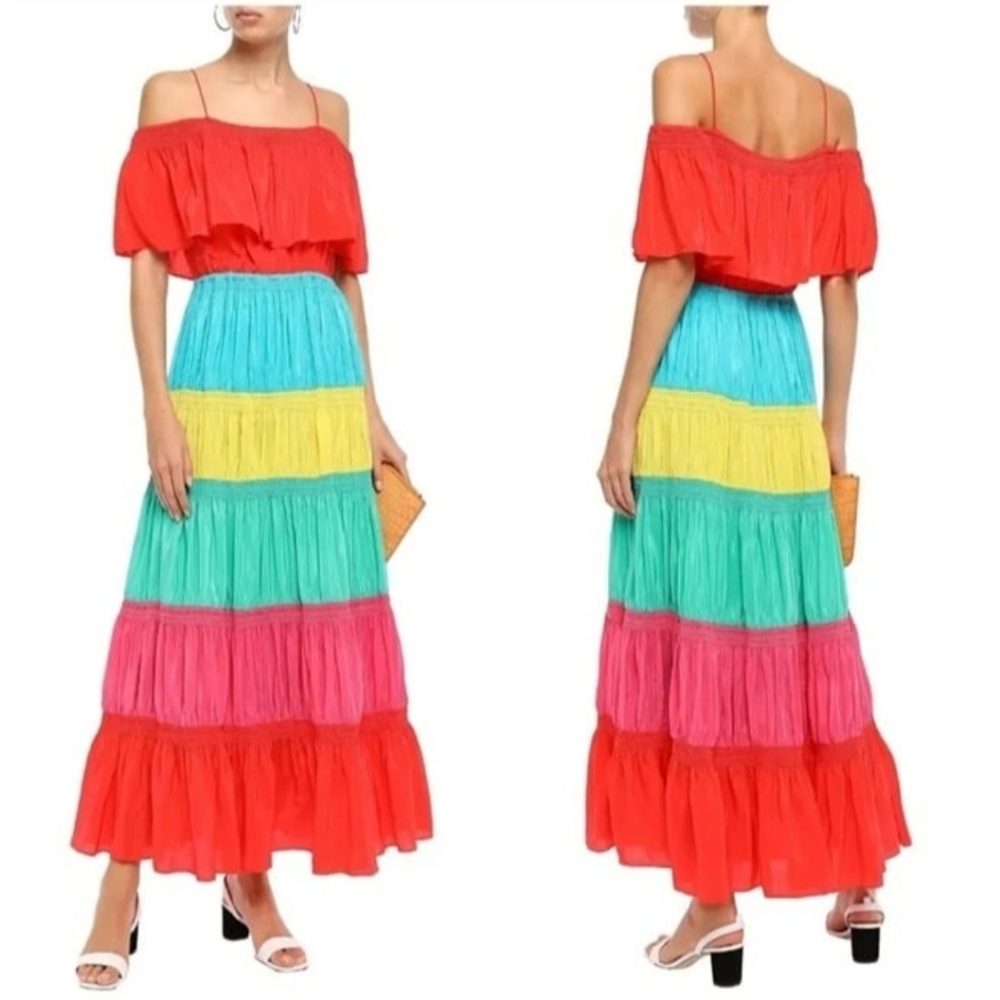 Alice + Olivia Kia Smocked Rainbow Cold-Shoulder Dress Size 10 - Picture 2 of 12